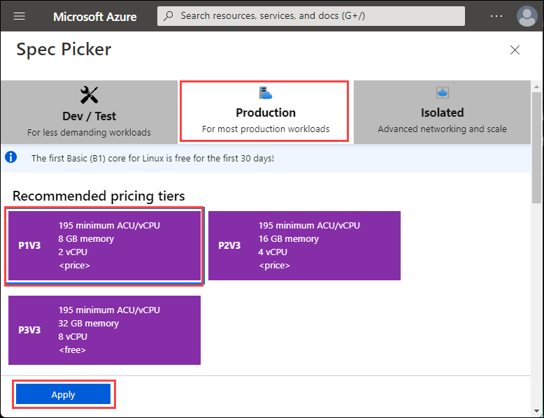 Snímek obrazovky s výběrem specifikace pro cenové úrovně plánu App Service v Azure Portal Zvýrazněné jsou produkční verze, P1V3 a Použít.