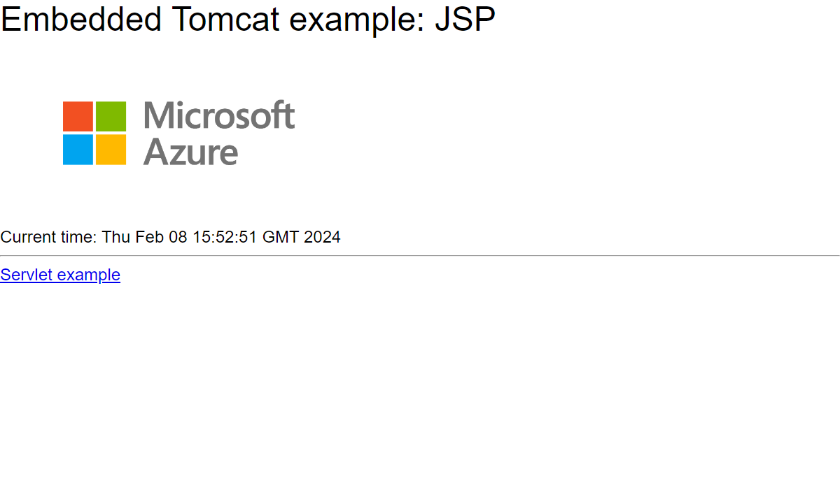 Snímek obrazovky s vloženou webovou aplikací Tomcat Hello World spuštěnou v Aplikace Azure Service v úvodu