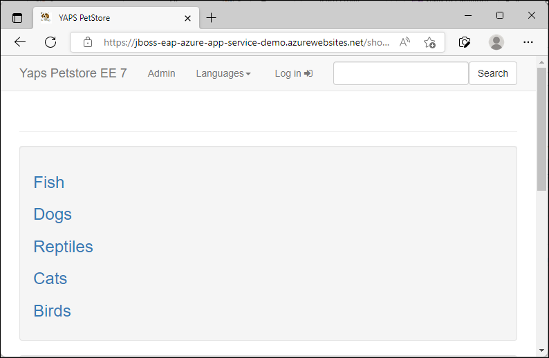 Snímek obrazovky s aktualizovanou ukázkovou aplikací JBoss EAP spuštěnou v Azure a znázorňující Yaps Petstore EE7