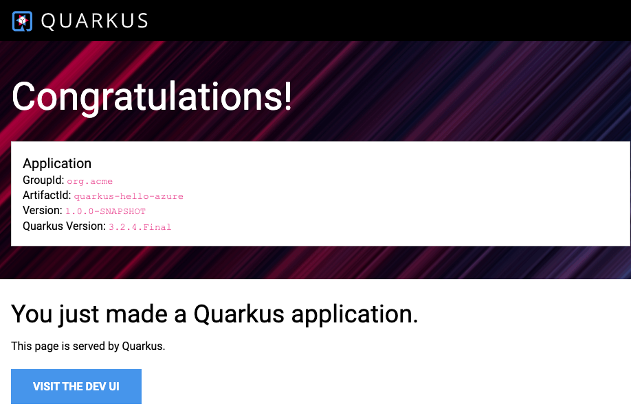 Snímek obrazovky webové aplikace Quarkus Hello World spuštěné v Aplikace Azure Service v úvodu