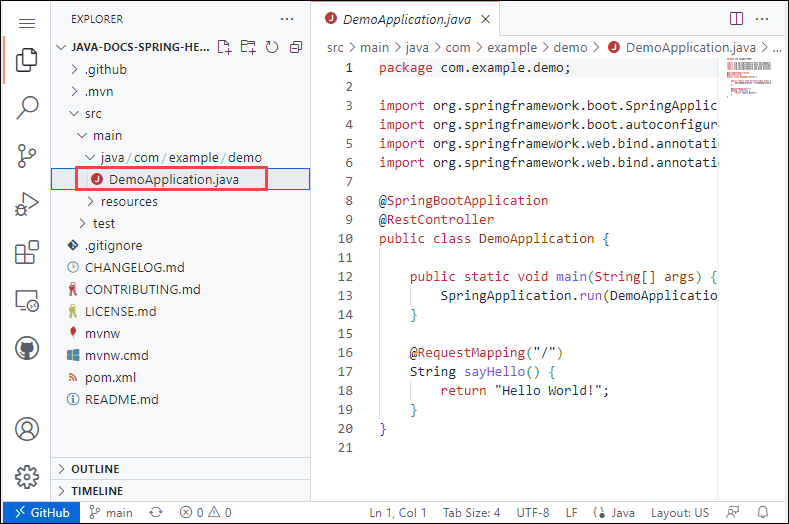 Snímek obrazovky editoru Visual Studio Code v prohlížeči se zvýrazněním src/main/java/com/example/demo/DemoApplication.java v podokně Průzkumníka