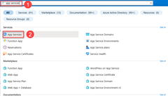 Snímek obrazovky znázorňuje, jak pomocí vyhledávacího pole v horním panelu nástrojů najít App Services v Azure.