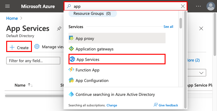 Snímek obrazovky znázorňující použití vyhledávacího pole v horním panelu nástrojů k vyhledání průvodce vytvořením služby App Service