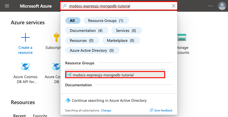 Snímek obrazovky znázorňující, jak vyhledat skupinu prostředků a přejít do této skupiny prostředků v Azure Portal