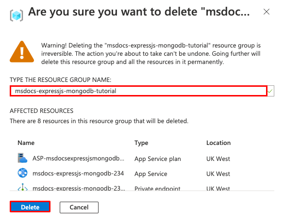 Snímek obrazovky s potvrzovacím dialogovým oknem pro odstranění skupiny prostředků v Azure Portal
