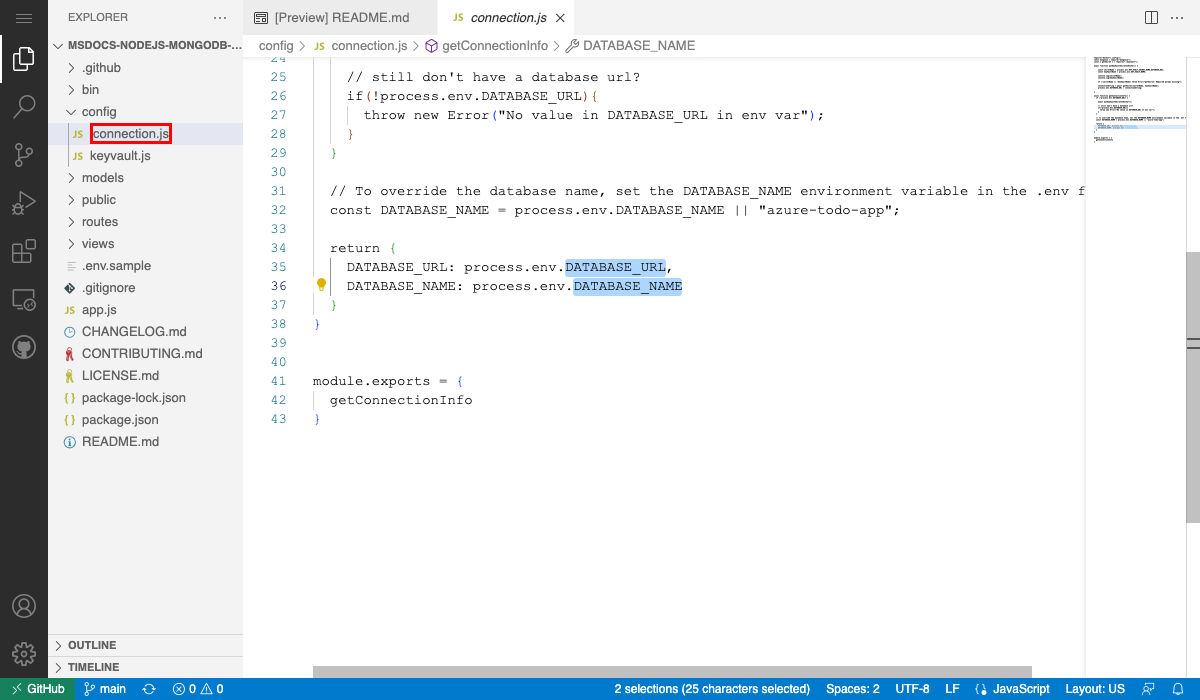 Snímek obrazovky se sadou Visual Studio Code v prohlížeči a otevřeným souborem
