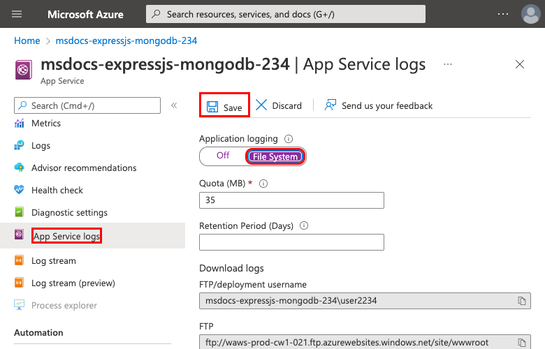 Snímek obrazovky znázorňující povolení nativních protokolů v App Service v Azure Portal