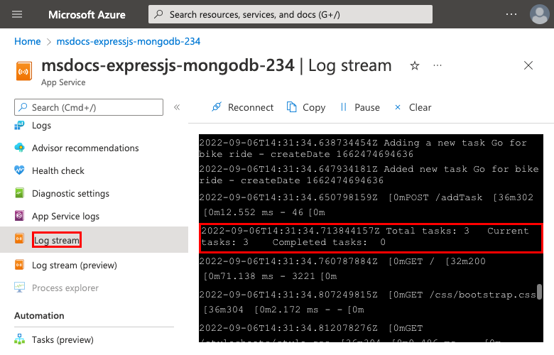 Snímek obrazovky znázorňující, jak zobrazit stream protokolu v Azure Portal