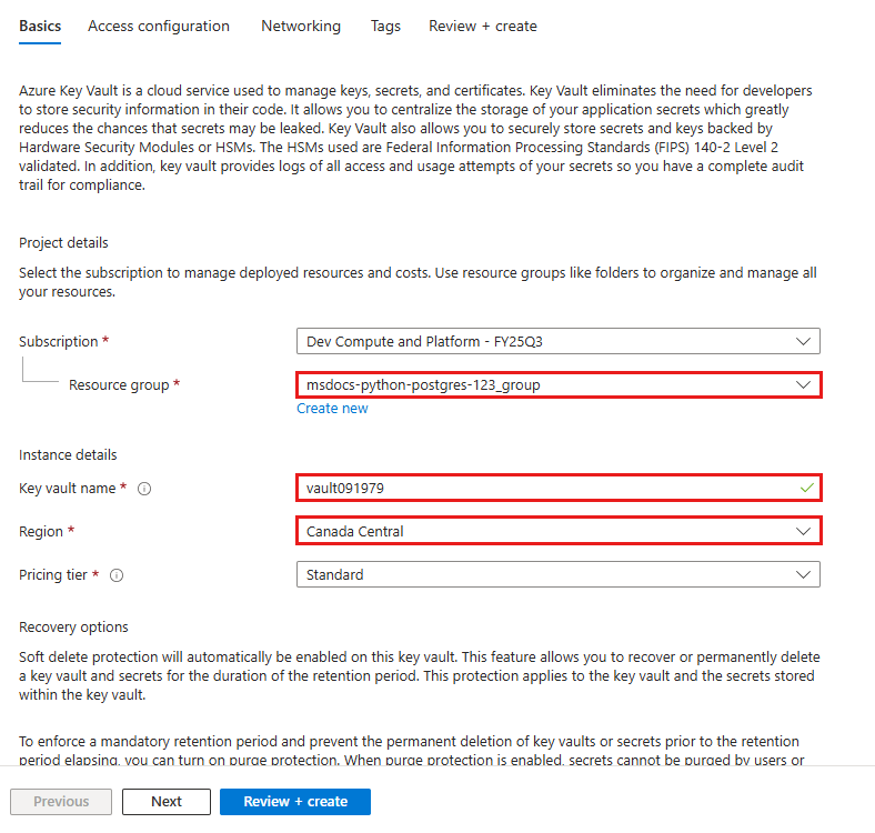 Snímek obrazovky znázorňující, jak vytvořit trezor klíčů