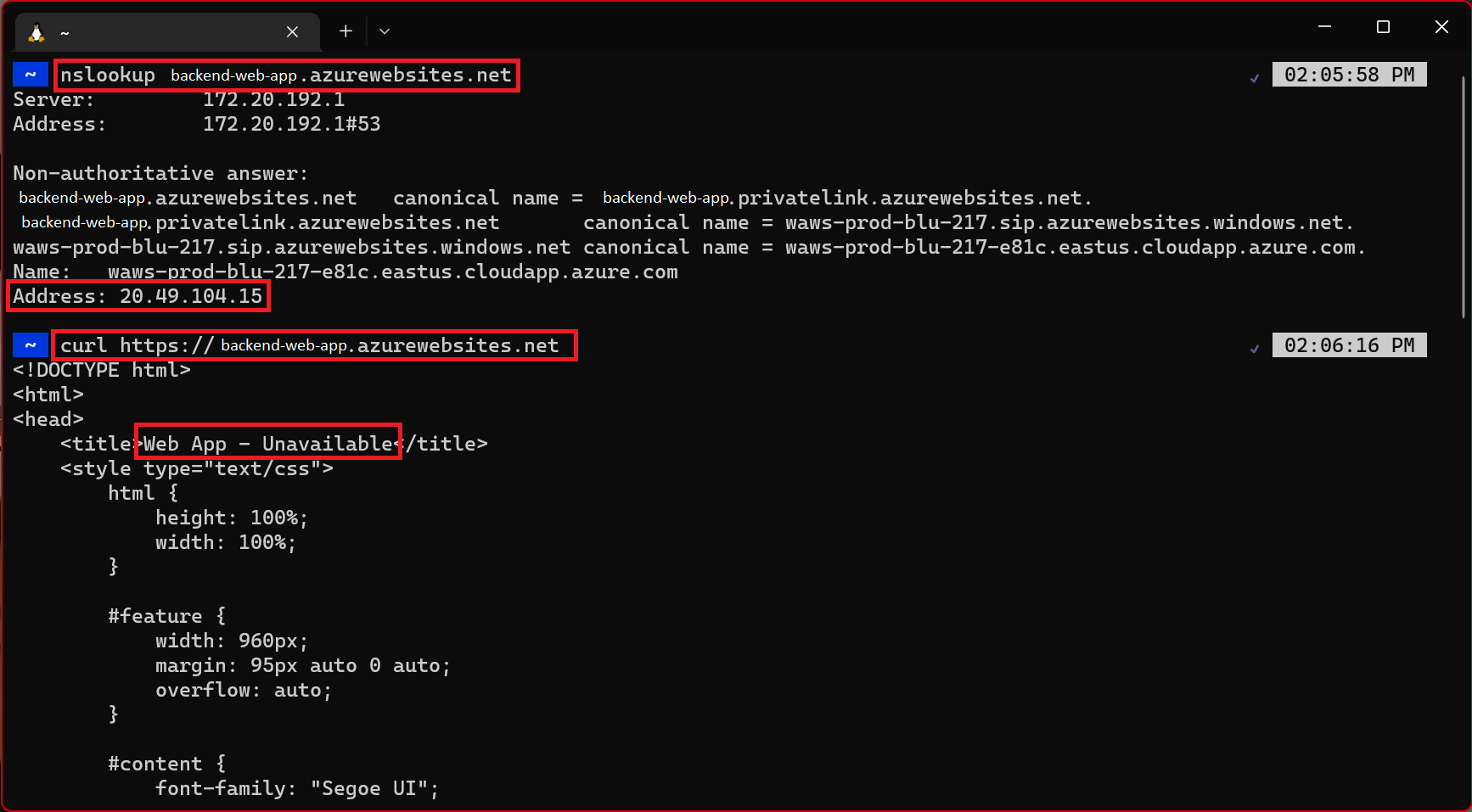 Snímek obrazovky s externím terminálem, který provádí nástroj nslookup a curl back-endové webové aplikace