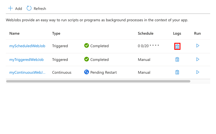 Snímek obrazovky znázorňující přístup k protokolům pro webovou úlohu