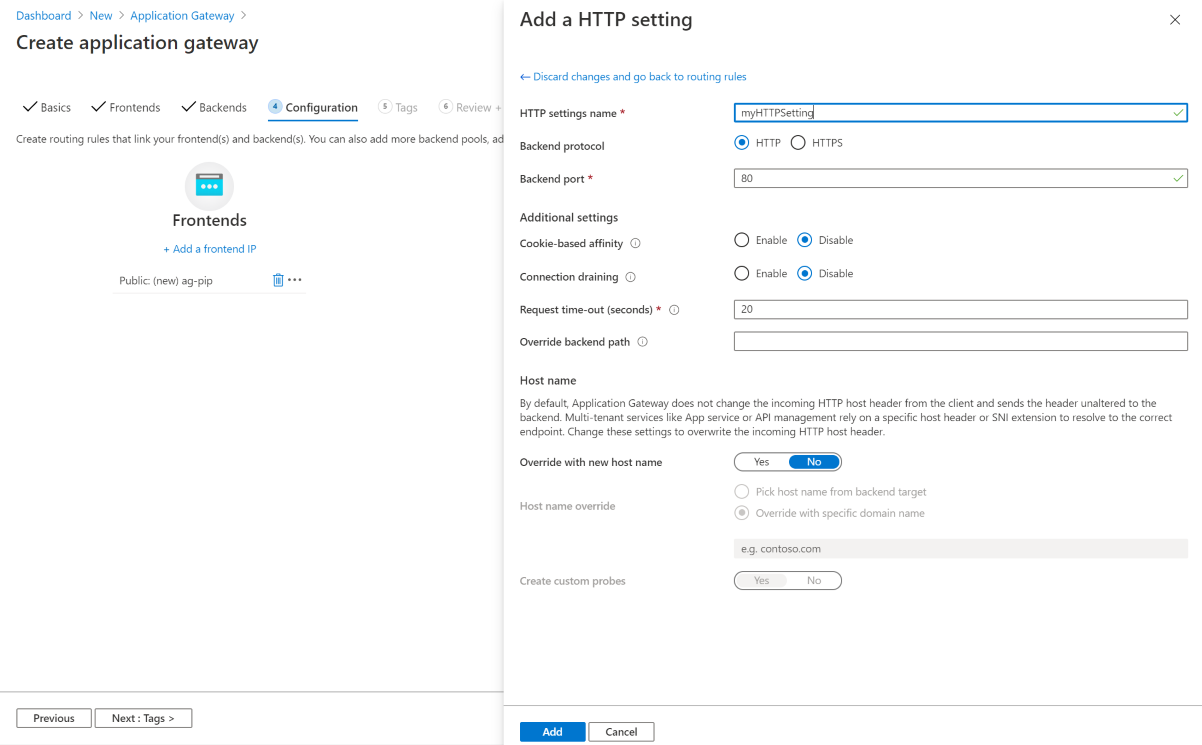 Snímek obrazovky s přidáním nastavení H T T P z karty Konfigurace v okně Vytvořit nový Application Gateway