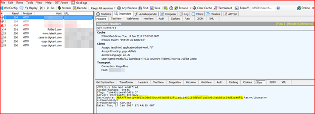 Snímek obrazovky ukazuje příklad podrobností položky protokolu se zvýrazněnou hodnotou Set-Cookie.
