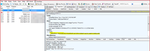 Snímek obrazovky ukazuje příklad podrobností položky protokolu se zvýrazněným souborem cookie.