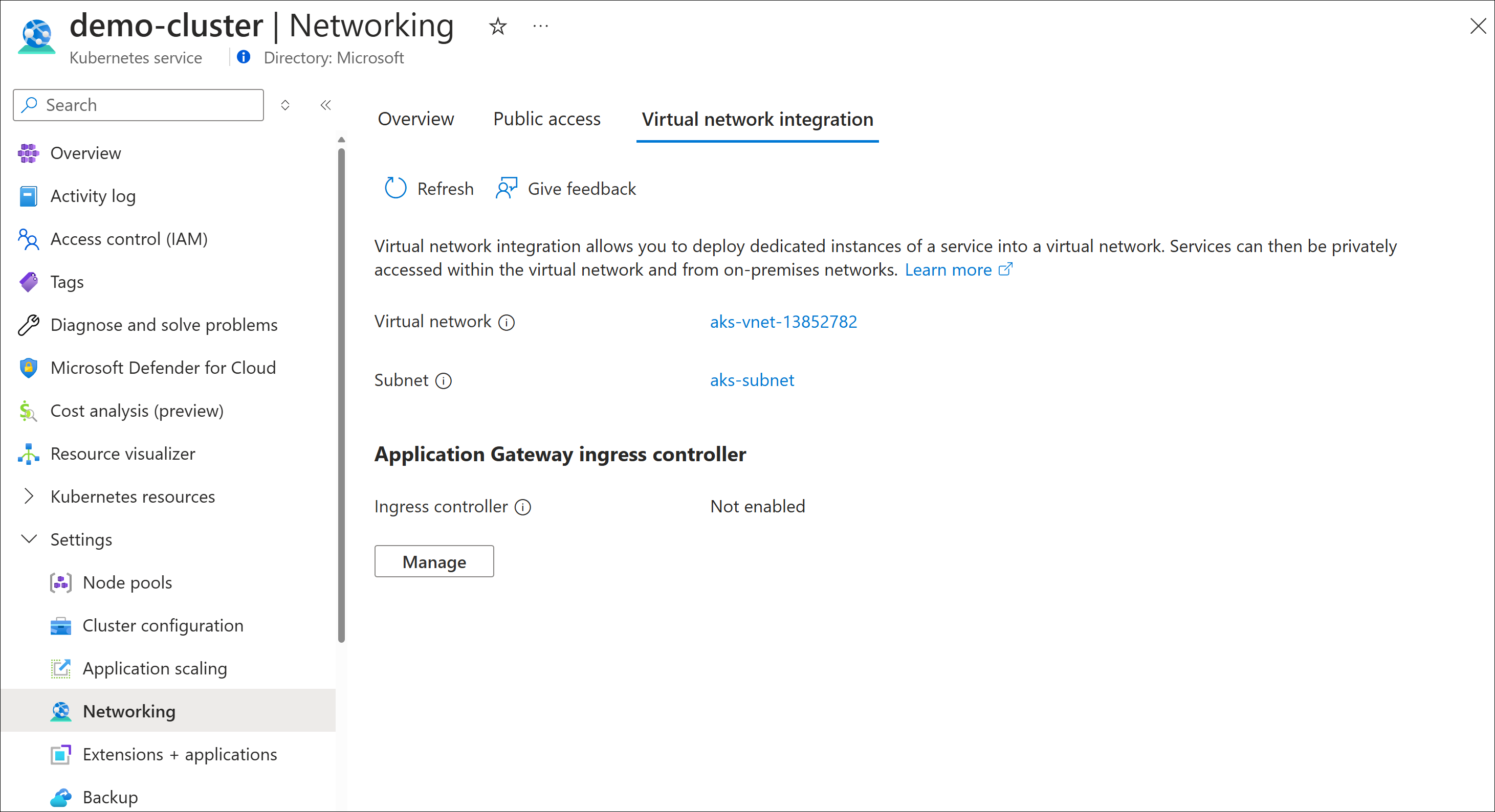 Snímek obrazovky znázorňující, jak povolit kontroler příchozího přenosu dat služby Application Gateway ze síťové stránky služby Azure Kubernetes Service
