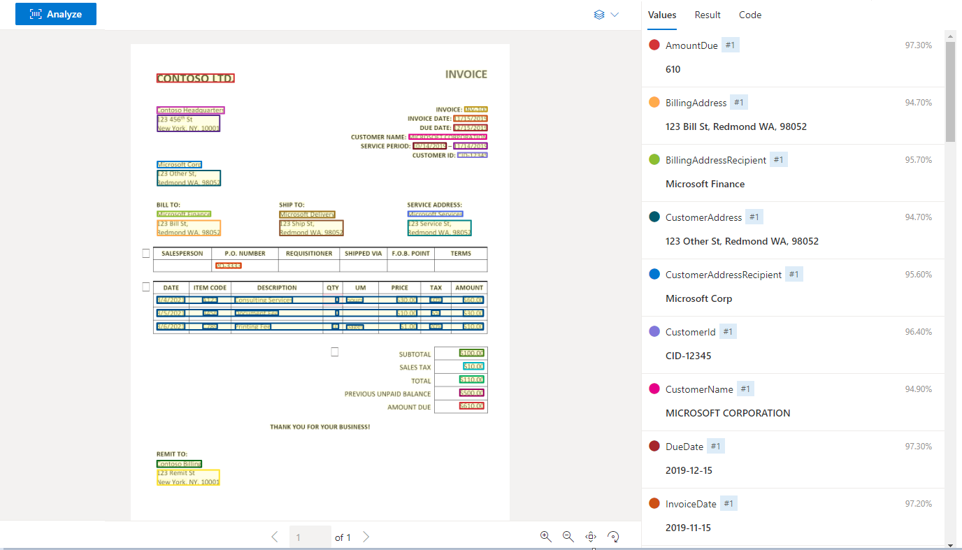 Snímek obrazovky s ukázkovou fakturou analyzovanou v nástroji Document Intelligence Studio