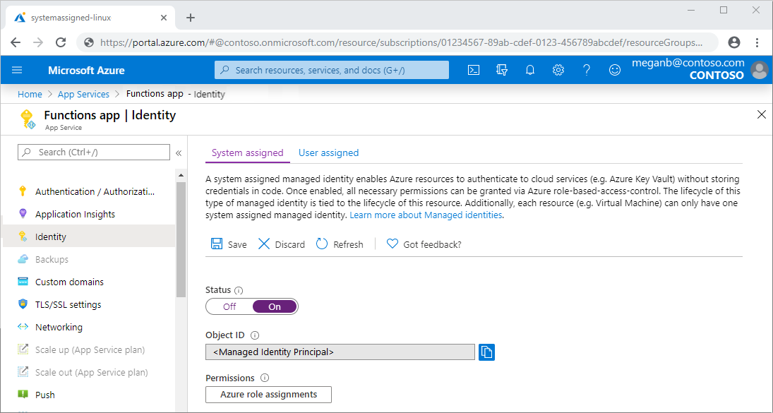 Snímek obrazovky znázorňující povolení spravované identity na webu Azure Portal