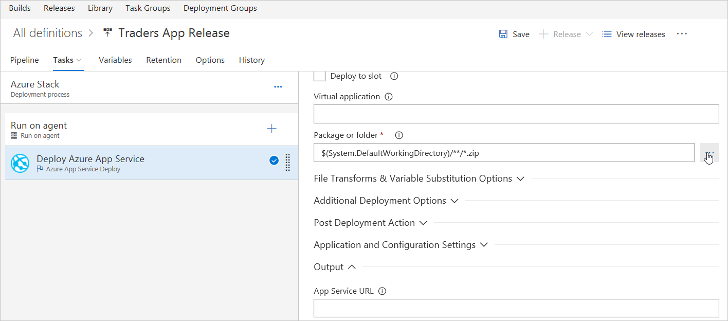 Výběr složky pro nasazení služby Aplikace Azure v Azure DevOps Services