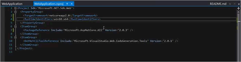 Úprava souboru projektu webové aplikace v sadě Visual Studio