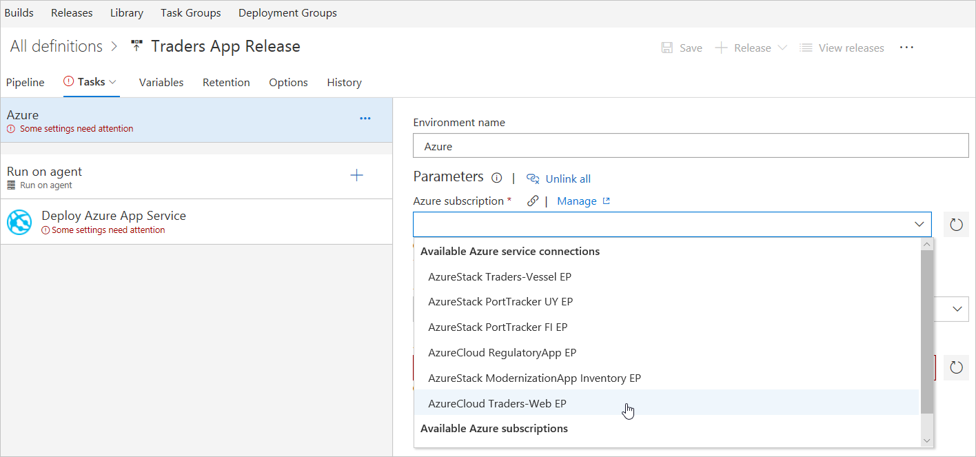 Výběr předplatného Azure pro koncový bod cloudu Azure v Azure DevOps Services