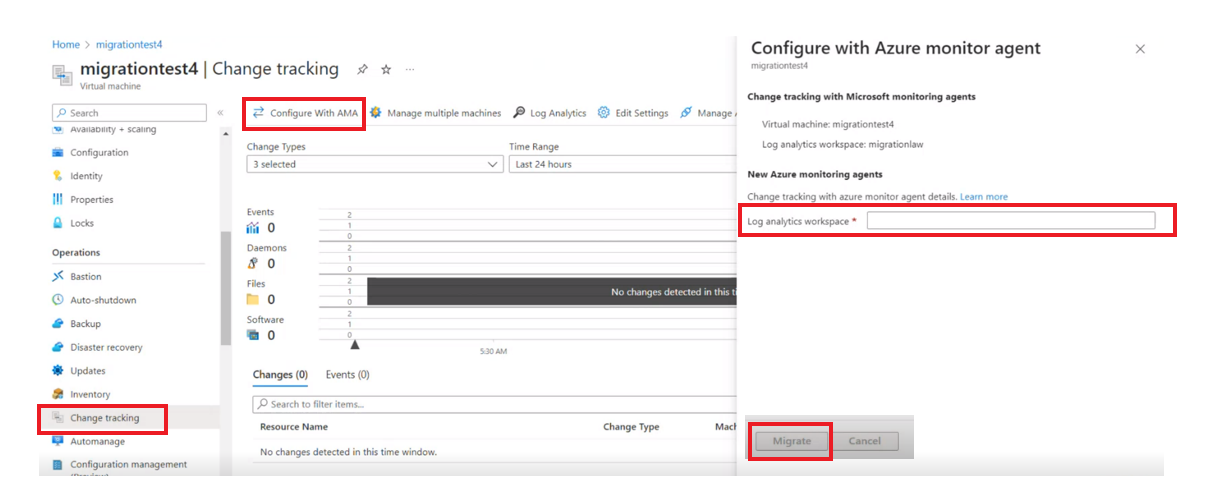 Screenshot of onboarding a single VM to Change tracking and inventory using Azure monitoring agent.