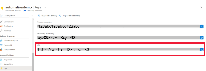 Snímek obrazovky s klíči a adresou URL služby Automation