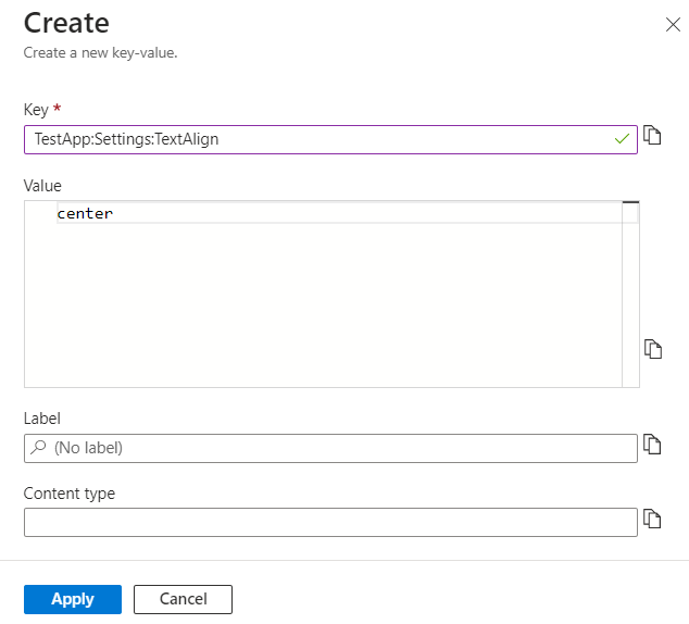 Snímek obrazovky s Azure Portal znázorňující nastavení konfigurace pro vytvoření hodnoty klíč-hodnota