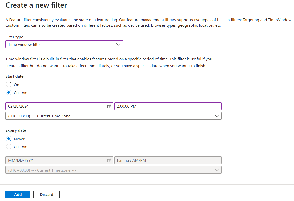 Snímek obrazovky webu Azure Portal a vytvoření nového filtru časového intervalu