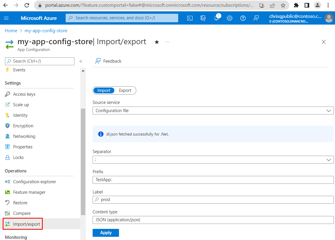 Snímek obrazovky webu Azure Portal s importem souboru