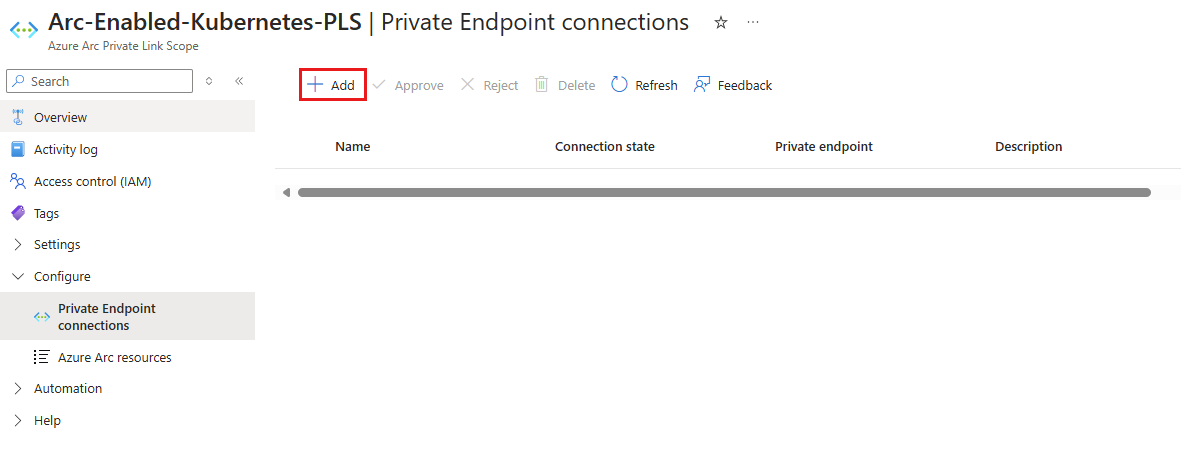 Screenshot of the Private Endpoint connections screen in the Azure portal.