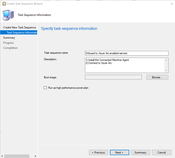 Snímek obrazovky s Průvodcem vytvořením pořadí úkolů v Configuration Manager
