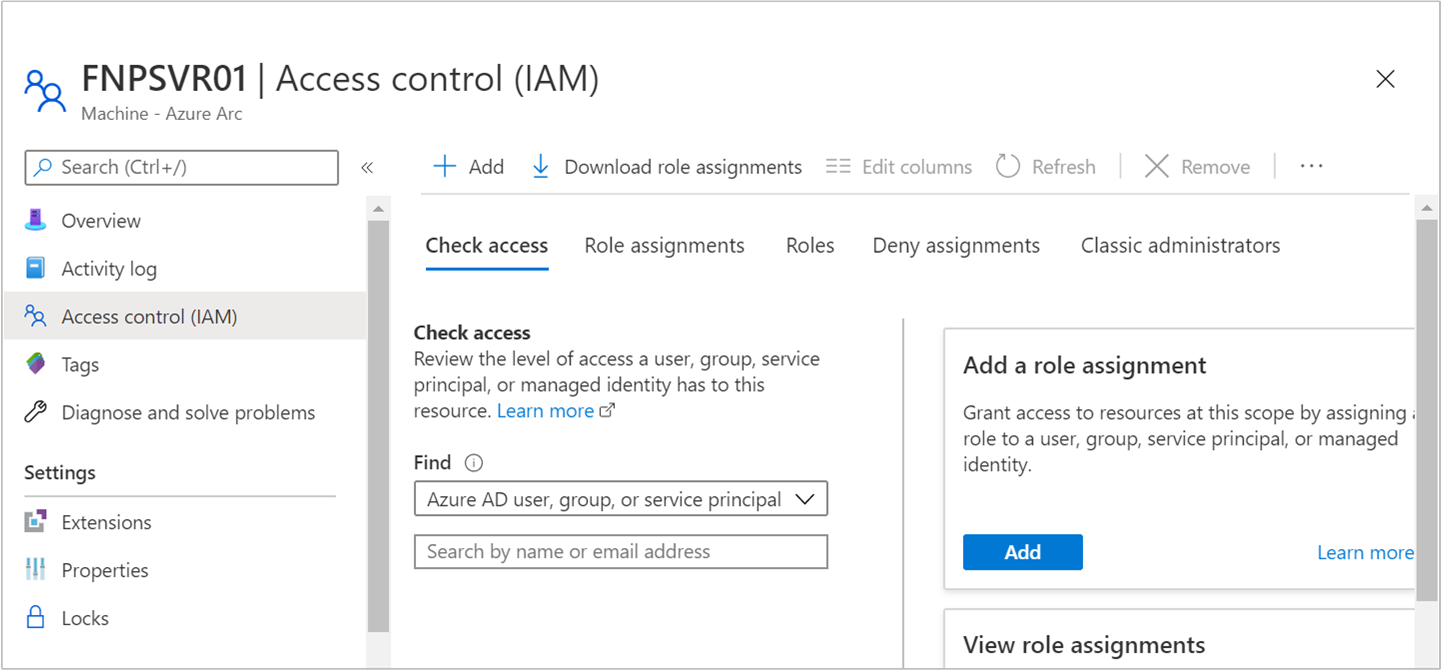 Snímek obrazovky webu Azure Portal zobrazující řízení přístupu k serveru s podporou Služby Azure Arc