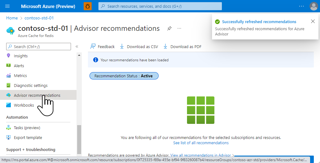 Snímek obrazovky, který ukazuje, kde se zobrazují doporučení Advisoru, ale žádná aktuální doporučení neexistují