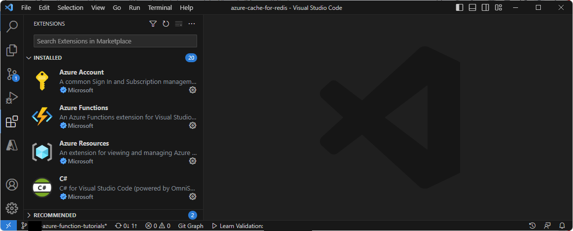 Snímek obrazovky s požadovanými rozšířeními nainstalovanými ve VS Code