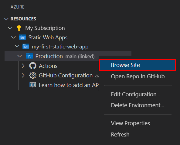 An image of the menu that is shown when right-clicking on a static web app. The Browse Site option is highlighted.