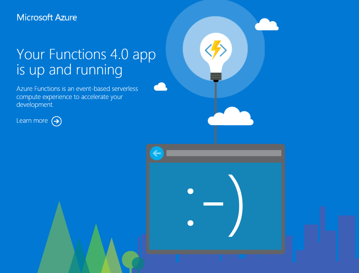 Screenshot that shows the welcome page for a function app.