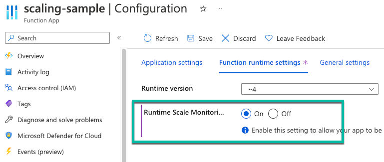 Snímek obrazovky znázorňuje, jak povolit škálování řízené modulem runtime pro Azure Functions