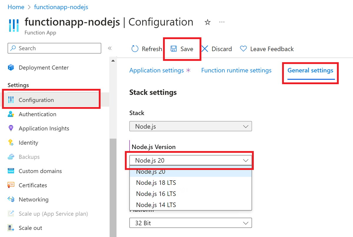 Snímek obrazovky znázorňuje, jak nastavit požadovanou verzi Node.js pro aplikaci funkcí na webu Azure Portal.
