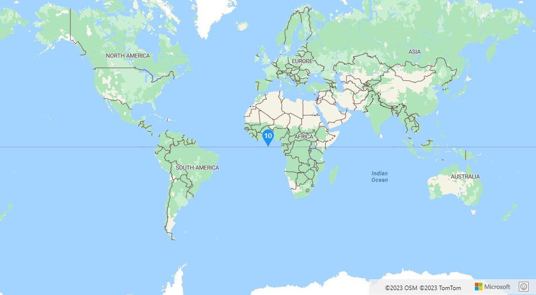 Snímek obrazovky znázorňující mapu světa s jednoduchou značkou HtmlMarker