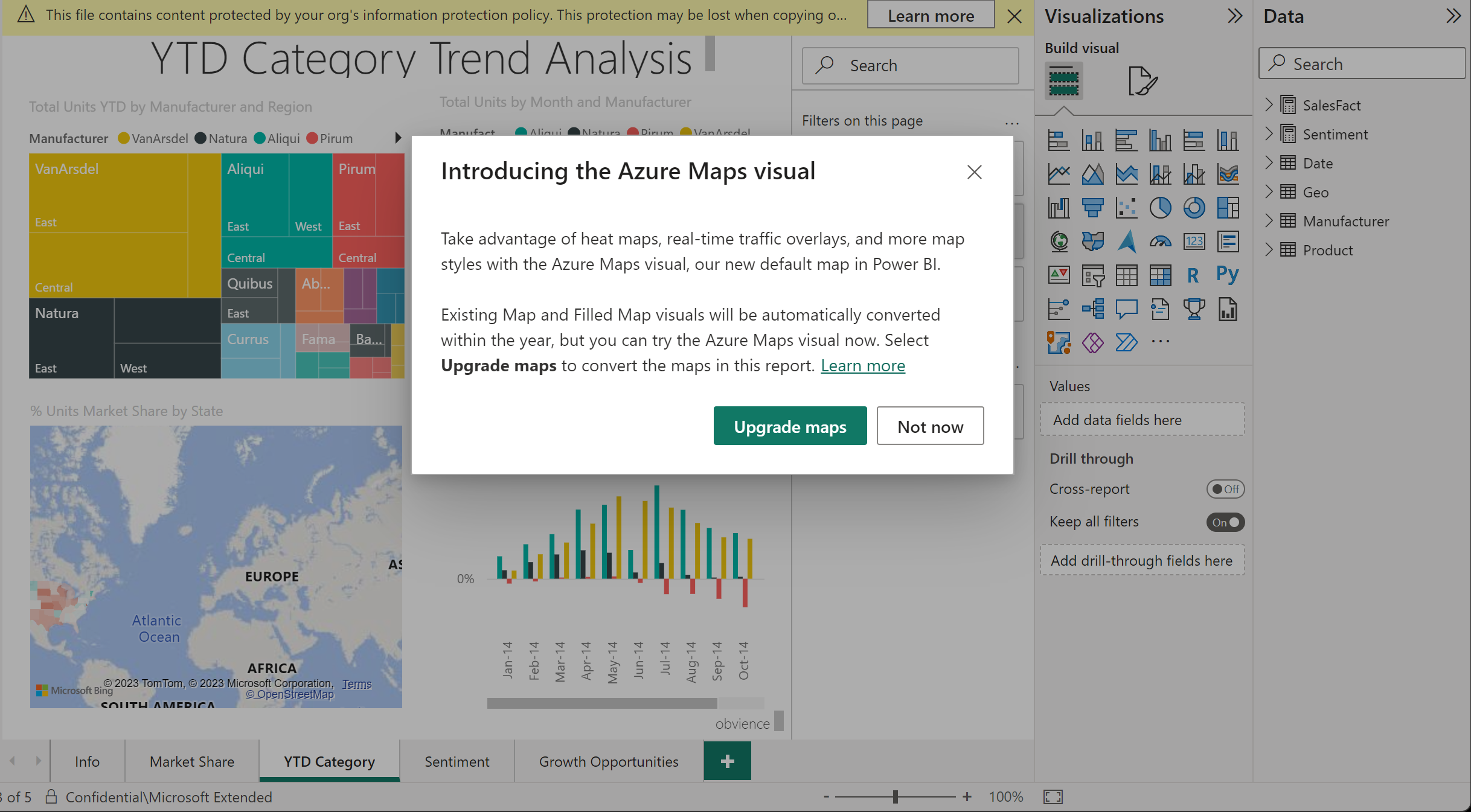 Snímek obrazovky znázorňující možnost upgradu map na vizuál Azure Maps