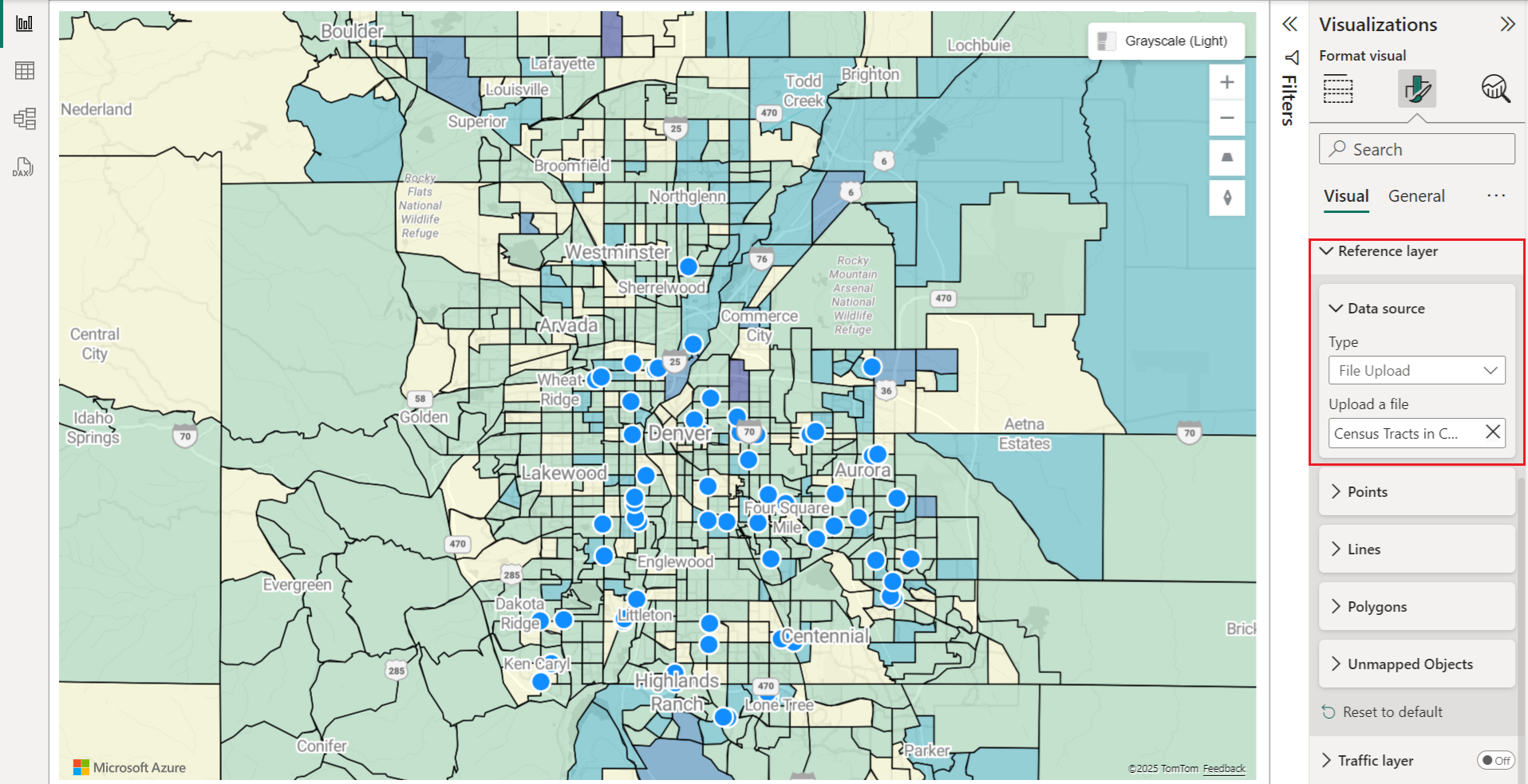 Mapa zobrazující sčítání lidu v roce 2016 pro Colorado, která je barevná podle populace jako referenční vrstvy.