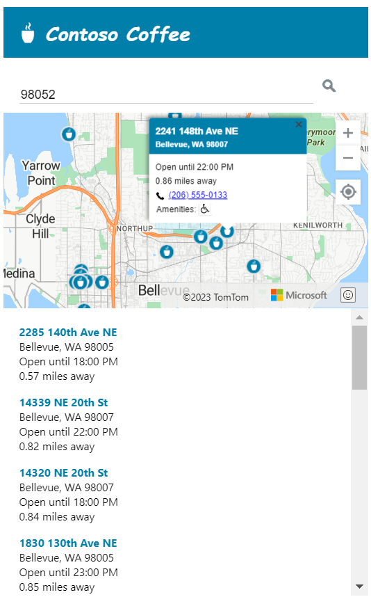 Snímek obrazovky znázorňující, jak aplikace lokátoru Contoso Coffee Store vypadá na mobilním zařízení