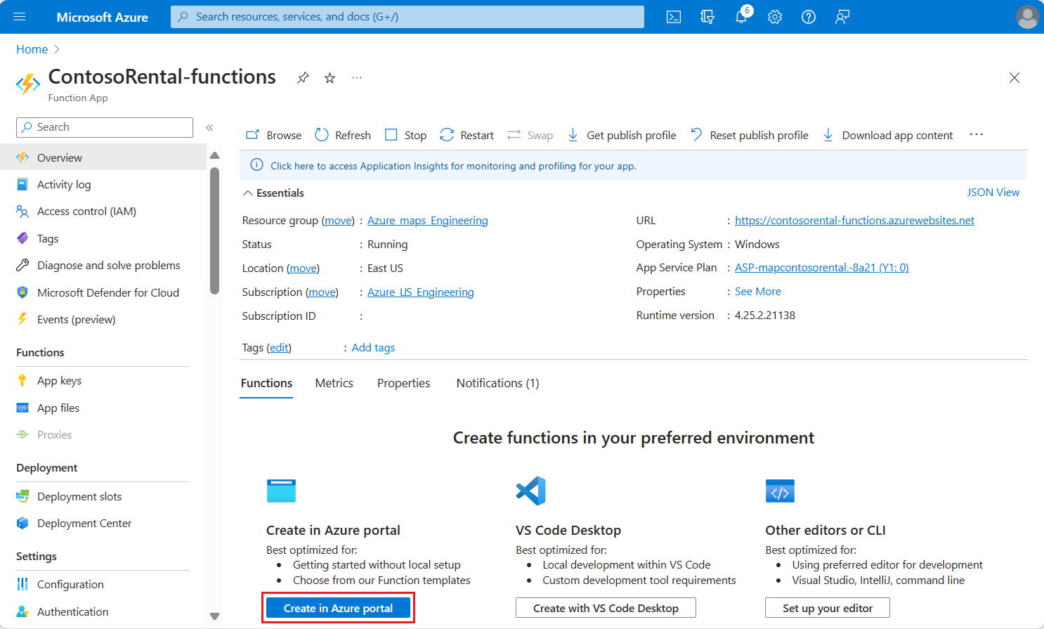 Snímek obrazovky s vytvořením funkce na webu Azure Portal