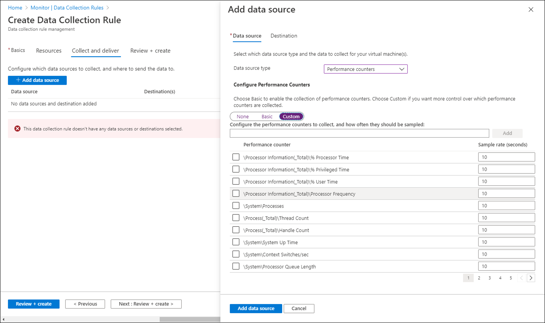 Snímek obrazovky znázorňující formulář Azure Portal pro výběr vlastních čítačů výkonu v pravidle shromažďování dat