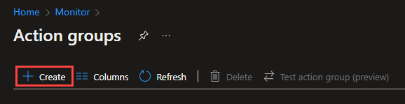 Snímek obrazovky znázorňující stránku Skupiny akcí na webu Azure Portal Zobrazí se tlačítko Vytvořit.