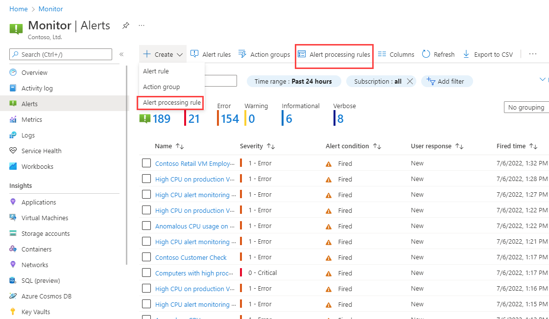 Snímek obrazovky, který ukazuje, jak získat přístup k pravidlům zpracování výstrah z cílové stránky služby Azure Monitor