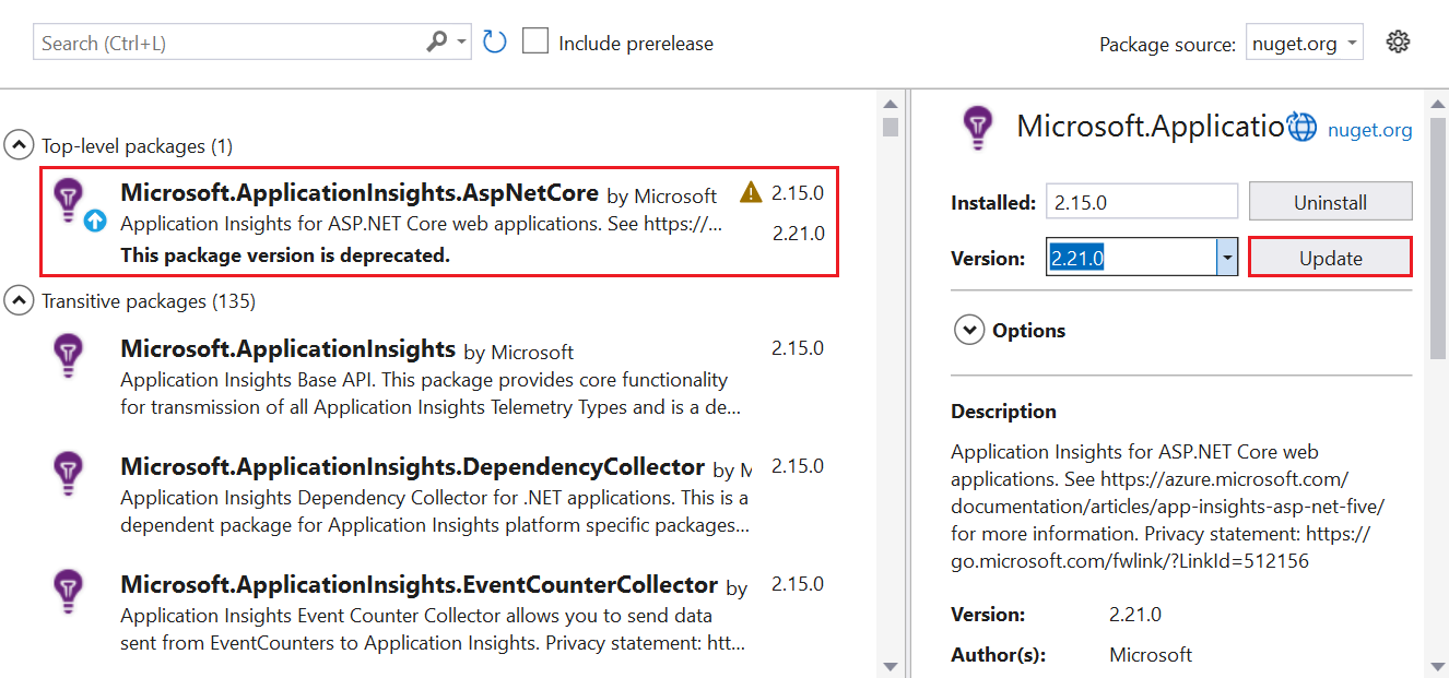 Snímek obrazovky, který ukazuje, kde vybrat balíček Application Insights pro aktualizaci