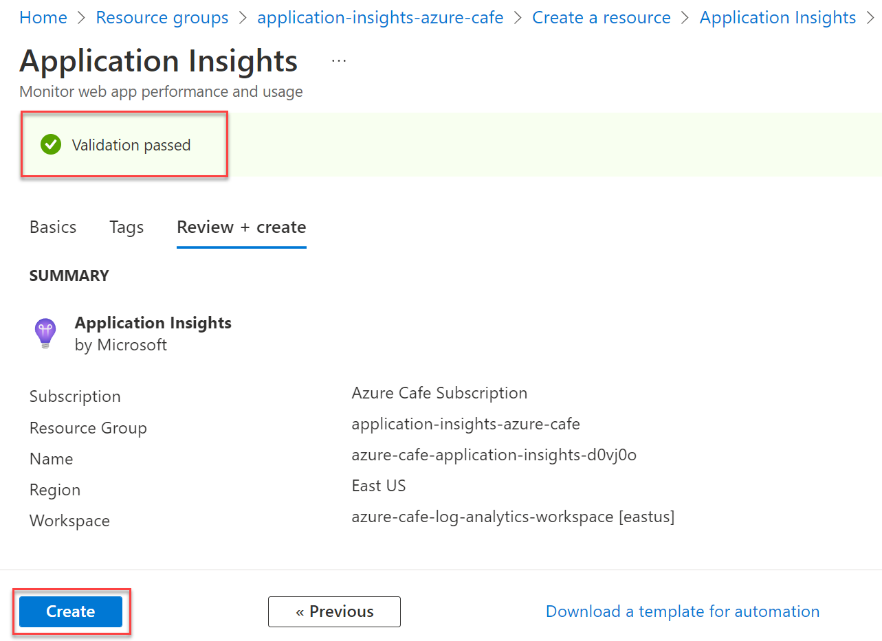 Snímek obrazovky Application Insights v Azure Portal Zpráva oznamující, že ověření proběhlo úspěšně, a tlačítko Vytvořit jsou zvýrazněné.