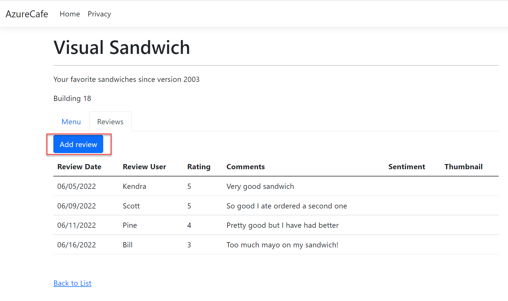 Snímek obrazovky s podrobnostmi o kavárně ve webové aplikaci Azure Cafe se zvýrazněným tlačítkem Přidat recenzi