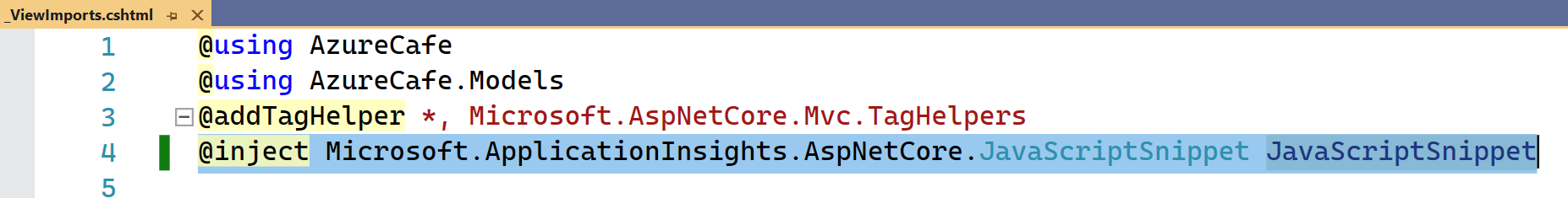 Snímek obrazovky se souborem _ViewImports.cshtml v sadě Visual Studio se zvýrazněným předchozím řádkem kódu